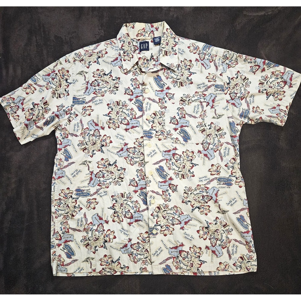 Vintage Gap Hawaiian Shirt Men's Beige South Sea Islands Floral Size Medium